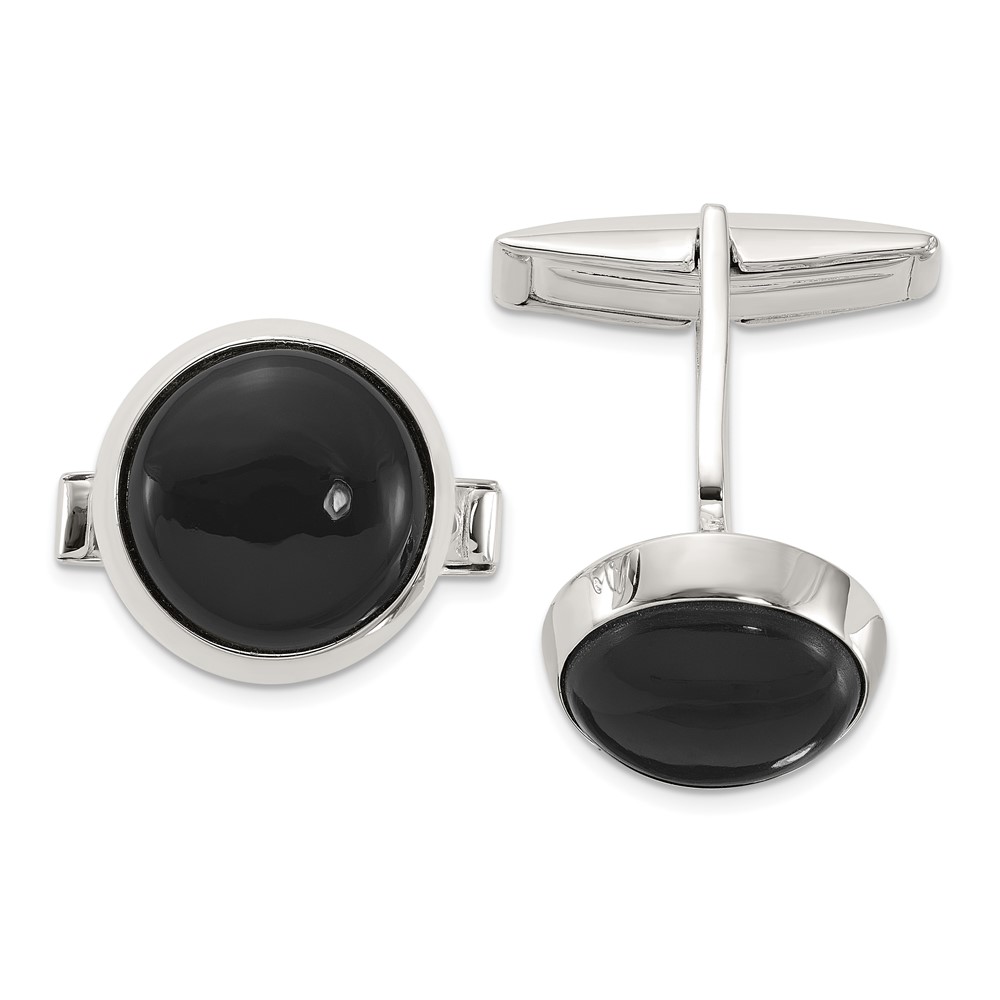 Sterling Silver Polished Round Onyx Cuff Links (QQ645)
