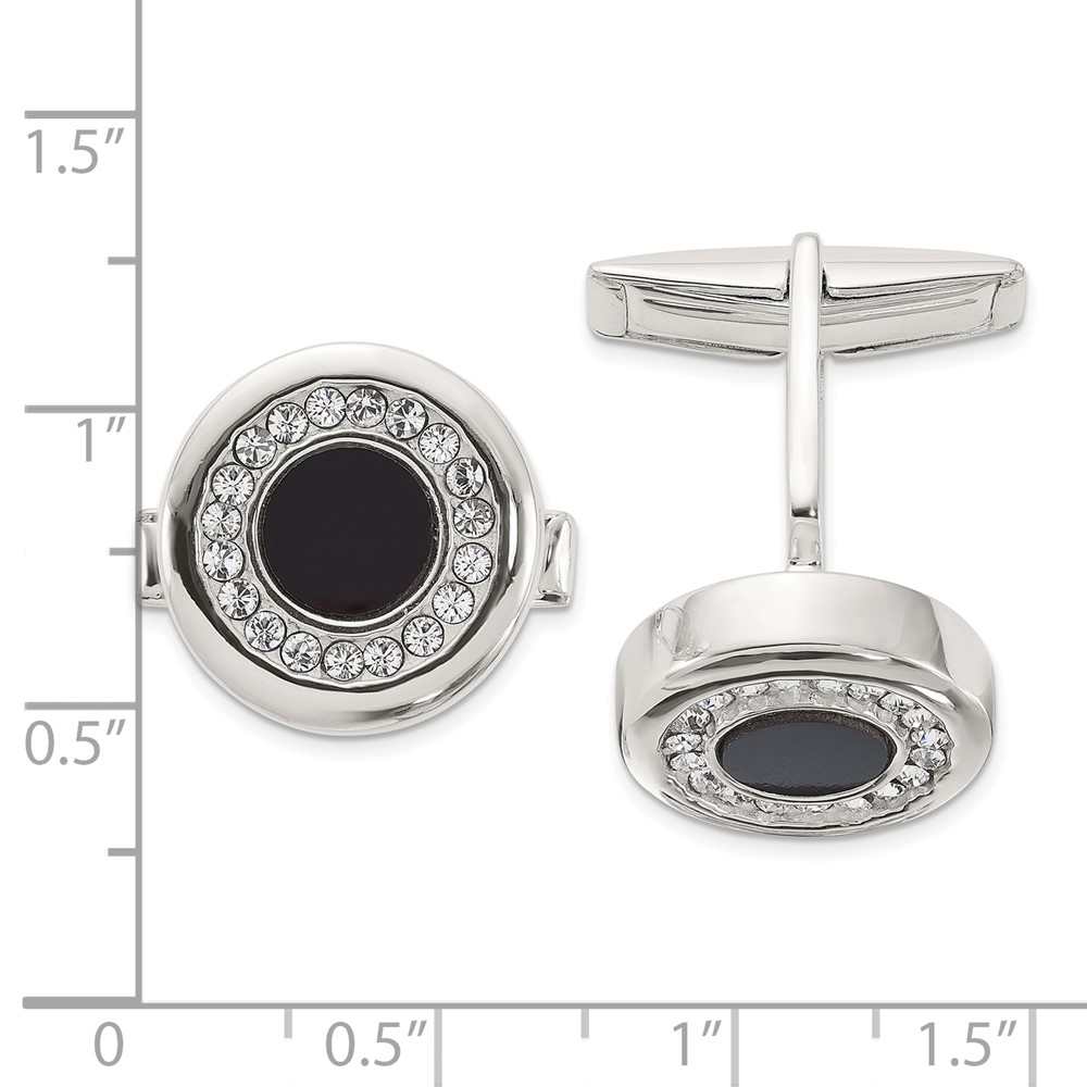 Sterling Silver Round Onyx and Crystal Cuff Links (QQ647)