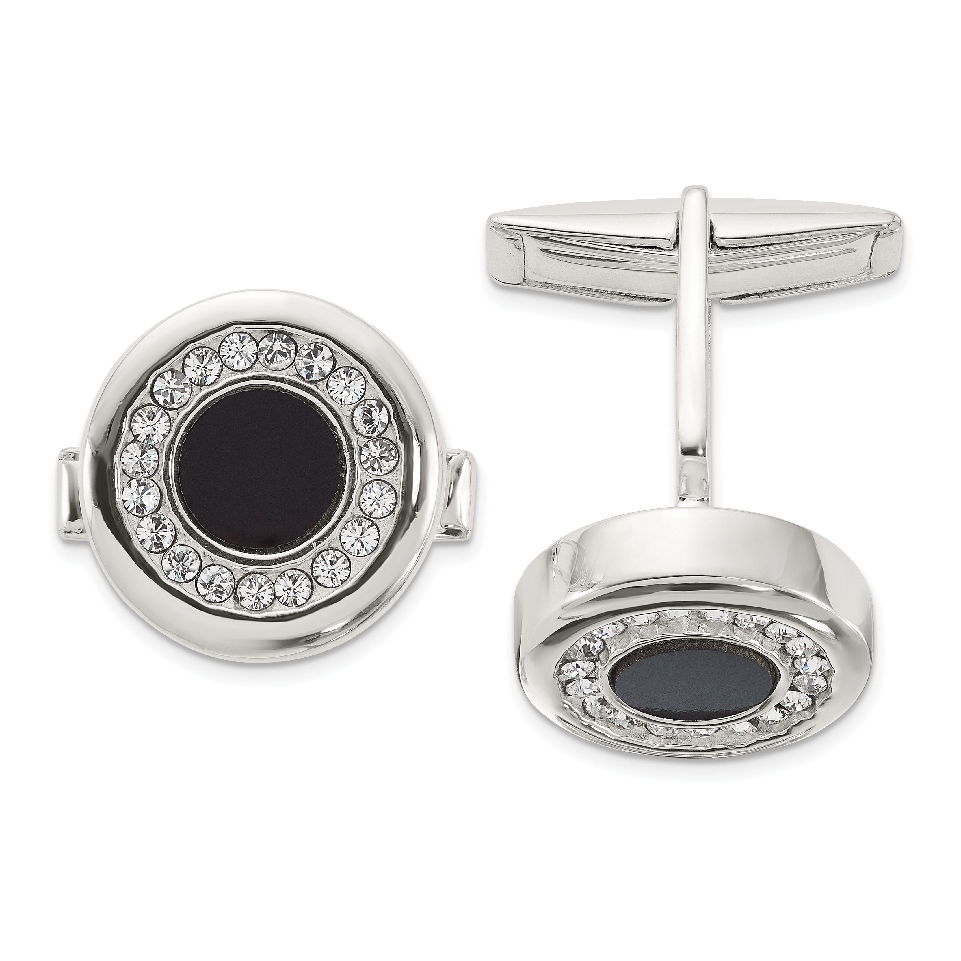 Sterling Silver Round Onyx and Crystal Cuff Links (QQ647)