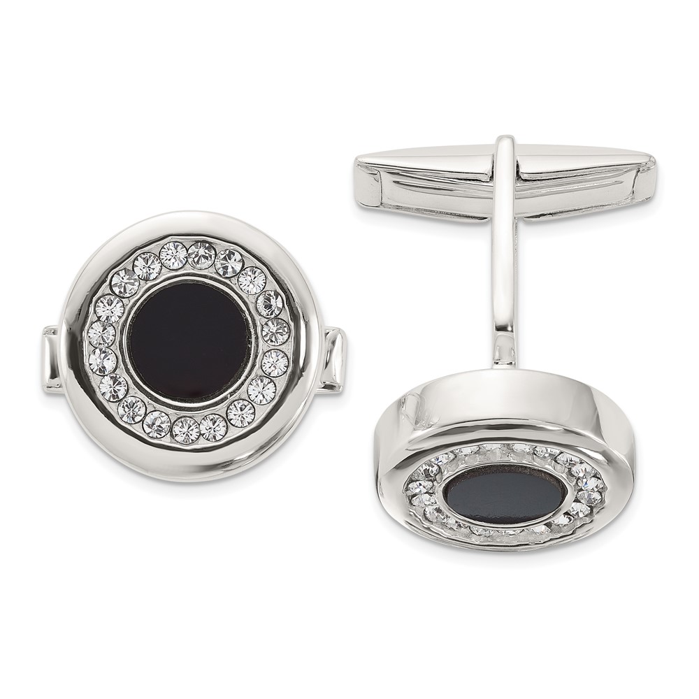 Sterling Silver Round Onyx and Crystal Cuff Links (QQ647)