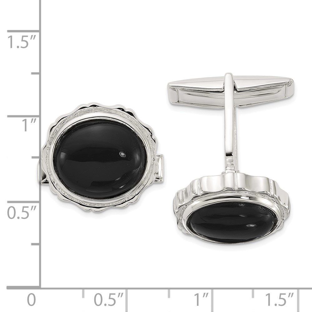Sterling Silver Polished Round with Textured Sides Onyx Cuff Links (QQ648)