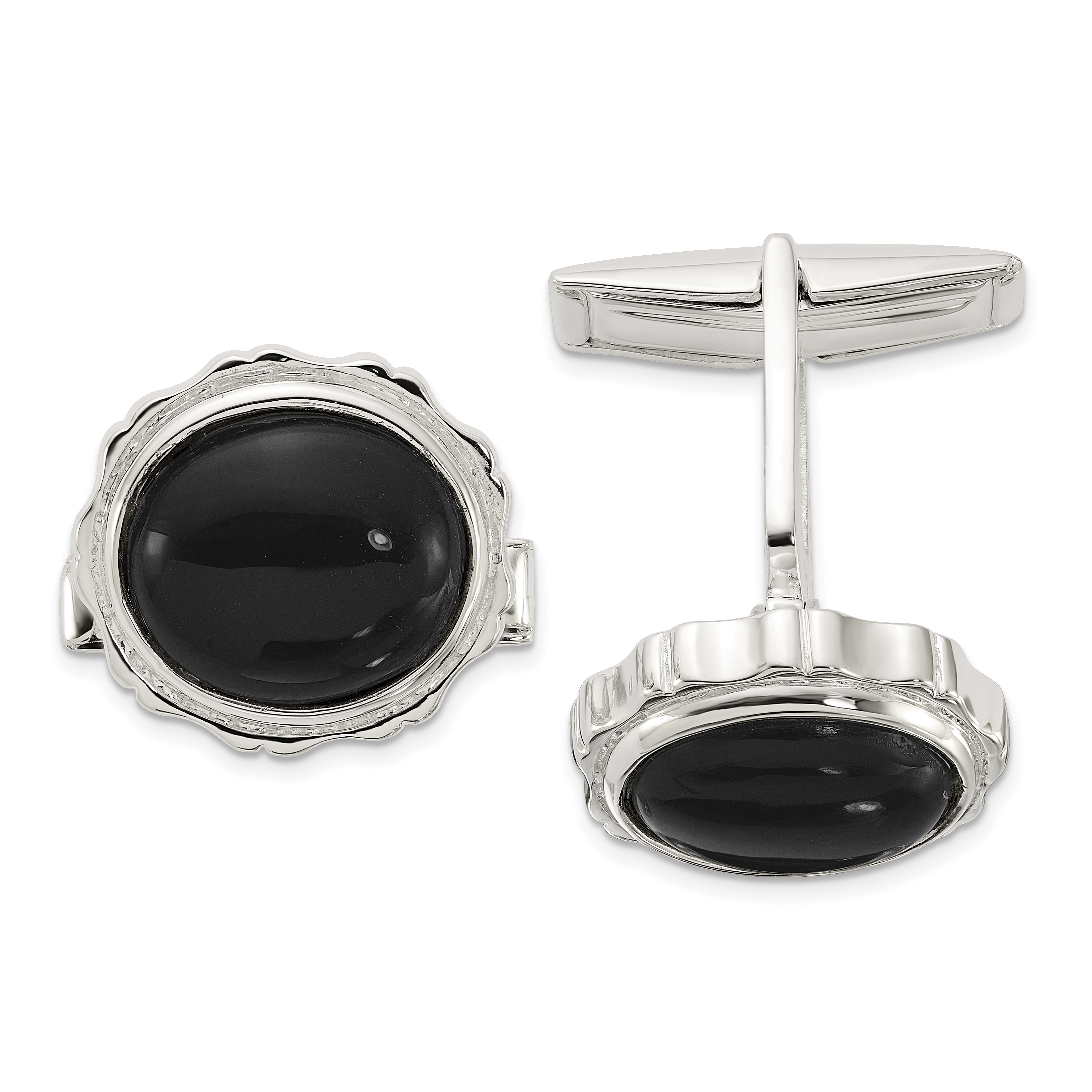 Sterling Silver Polished Round with Textured Sides Onyx Cuff Links (QQ648)