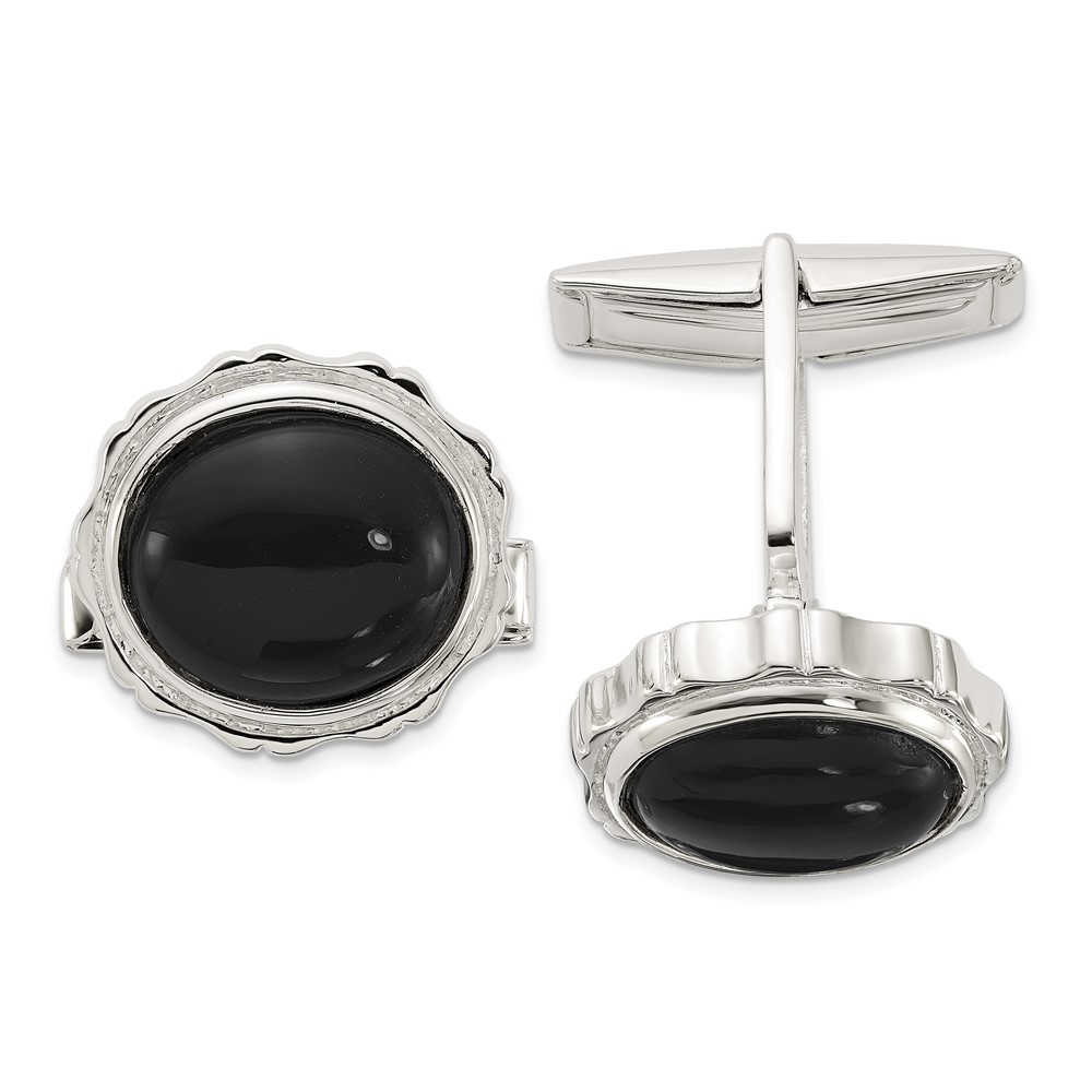 Sterling Silver Polished Round with Textured Sides Onyx Cuff Links (QQ648)