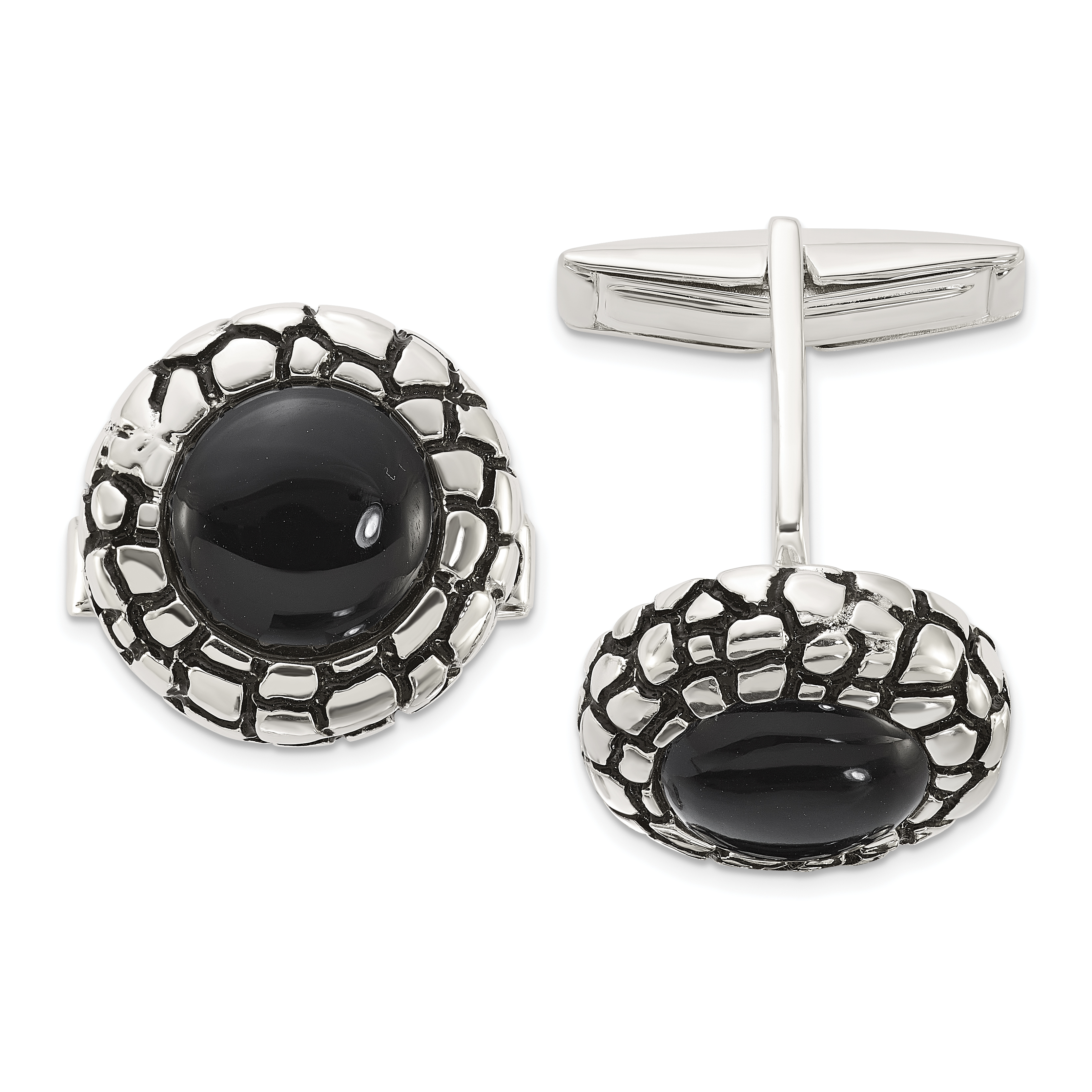 Sterling Silver Polished Round Onyx with Enamel Cuff Links (QQ650)