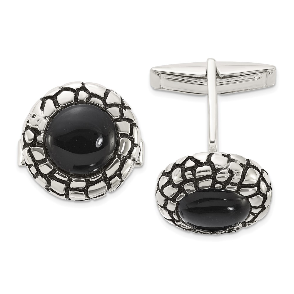 Sterling Silver Polished Round Onyx with Enamel Cuff Links (QQ650)