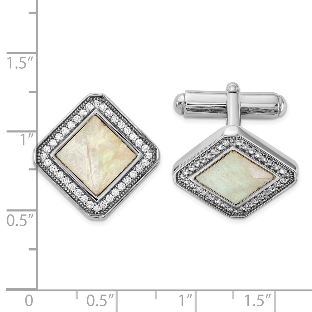 Sterling Silver Rhodium-plated CZ and Mother of Pearl Square Cuff Links (QQ654)