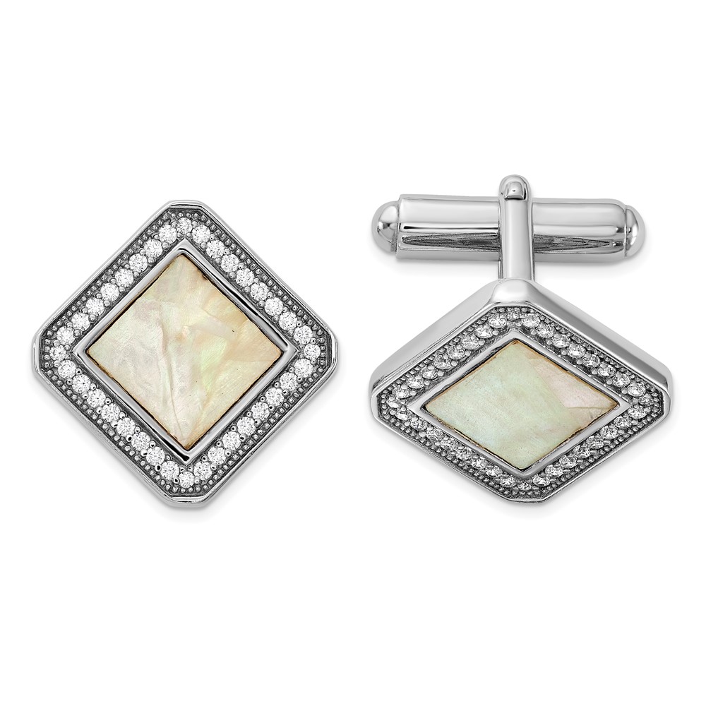 Sterling Silver Rhodium-plated CZ and Mother of Pearl Square Cuff Links (QQ654)