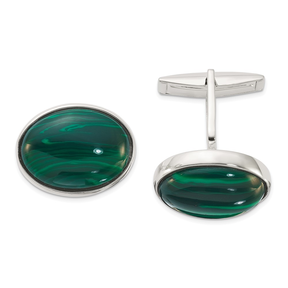 Sterling Silver Polished Malachite Oval Cuff Links (QQ655)