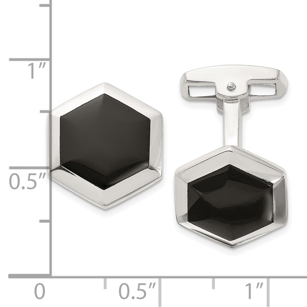 Sterling Silver Polished Onyx Hexagon Cuff Links (QQ656)