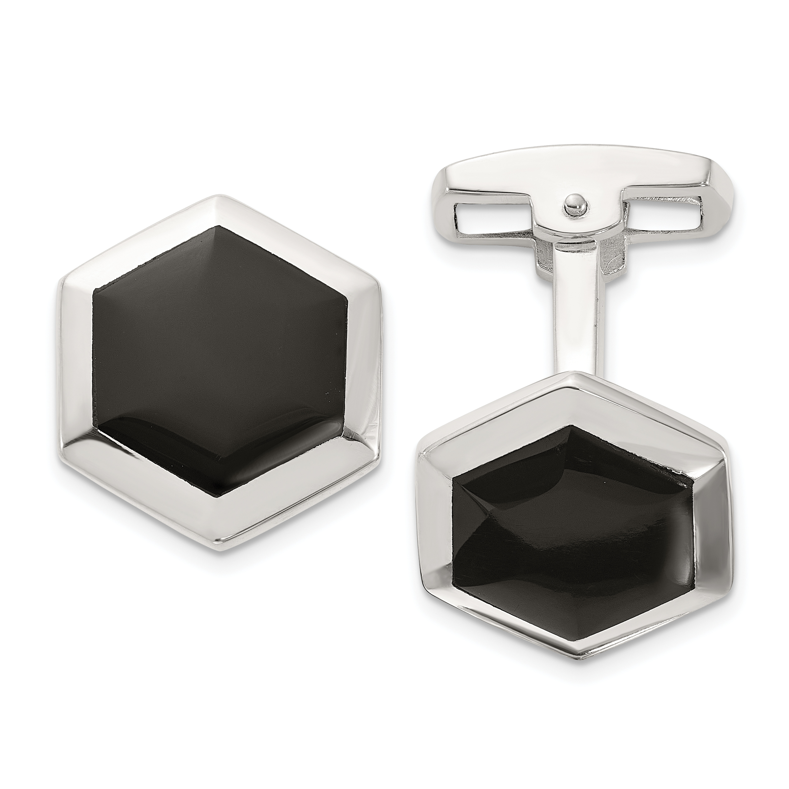 Sterling Silver Polished Onyx Hexagon Cuff Links (QQ656)
