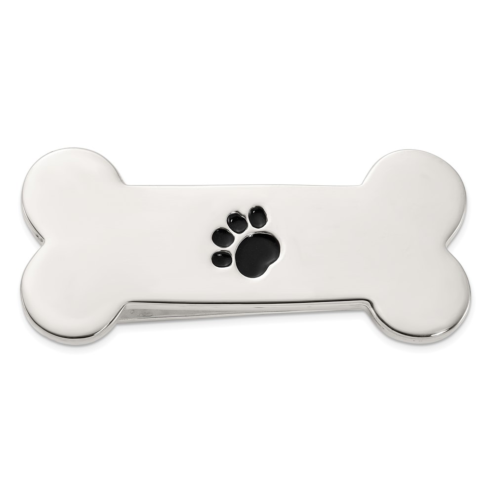 Sterling Silver Dog Bone with Enamel Paw Print Money Clip (QQ661)
