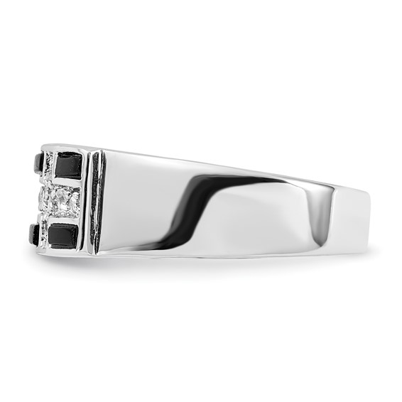 Sterling Silver Polished Black Enamel & CZ Cross Ring