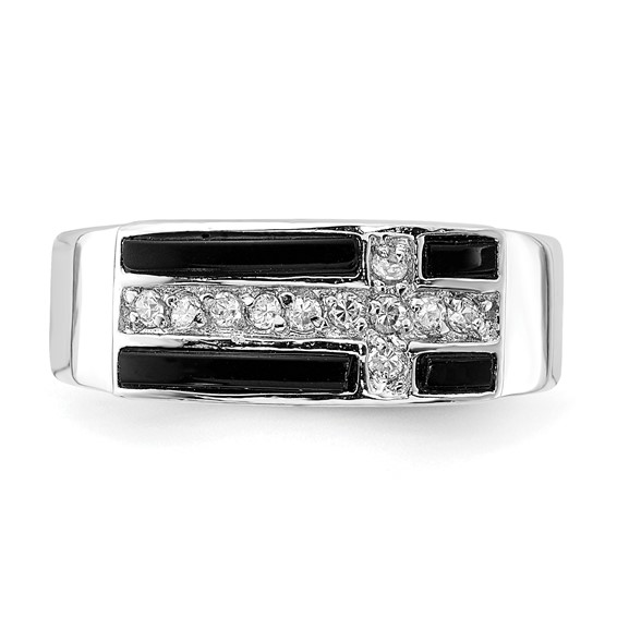 Sterling Silver Polished Black Enamel & CZ Cross Ring