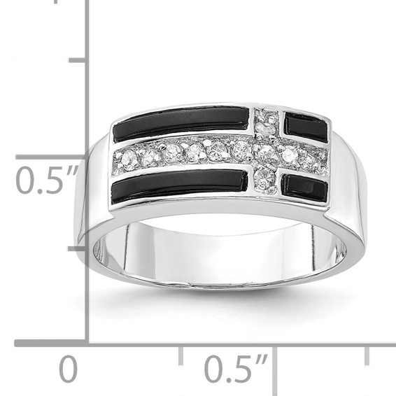 Sterling Silver Polished Black Enamel & CZ Cross Ring