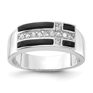 Sterling Silver Polished Black Enamel & CZ Cross Ring
