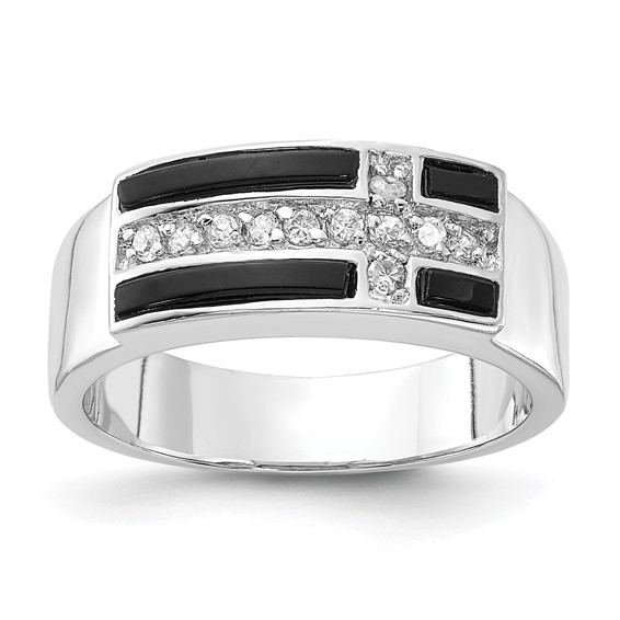 Sterling Silver Polished Black Enamel & CZ Cross Ring