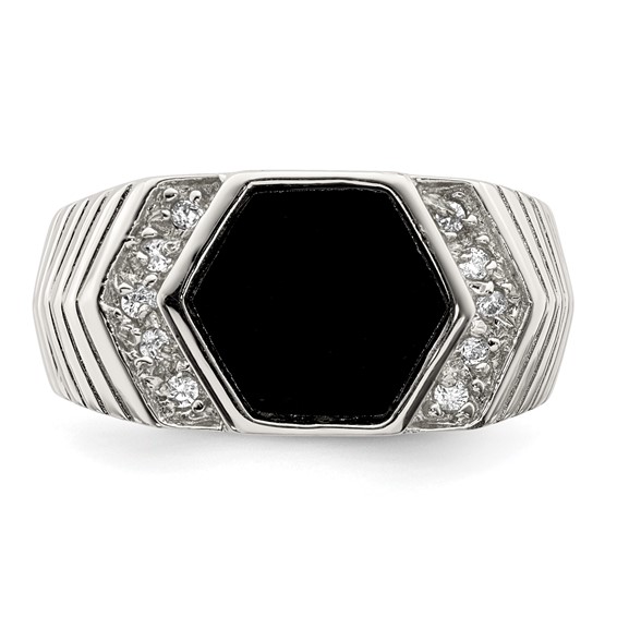 Sterling Silver Rhodium-plated Men's CZ and Onyx Ring