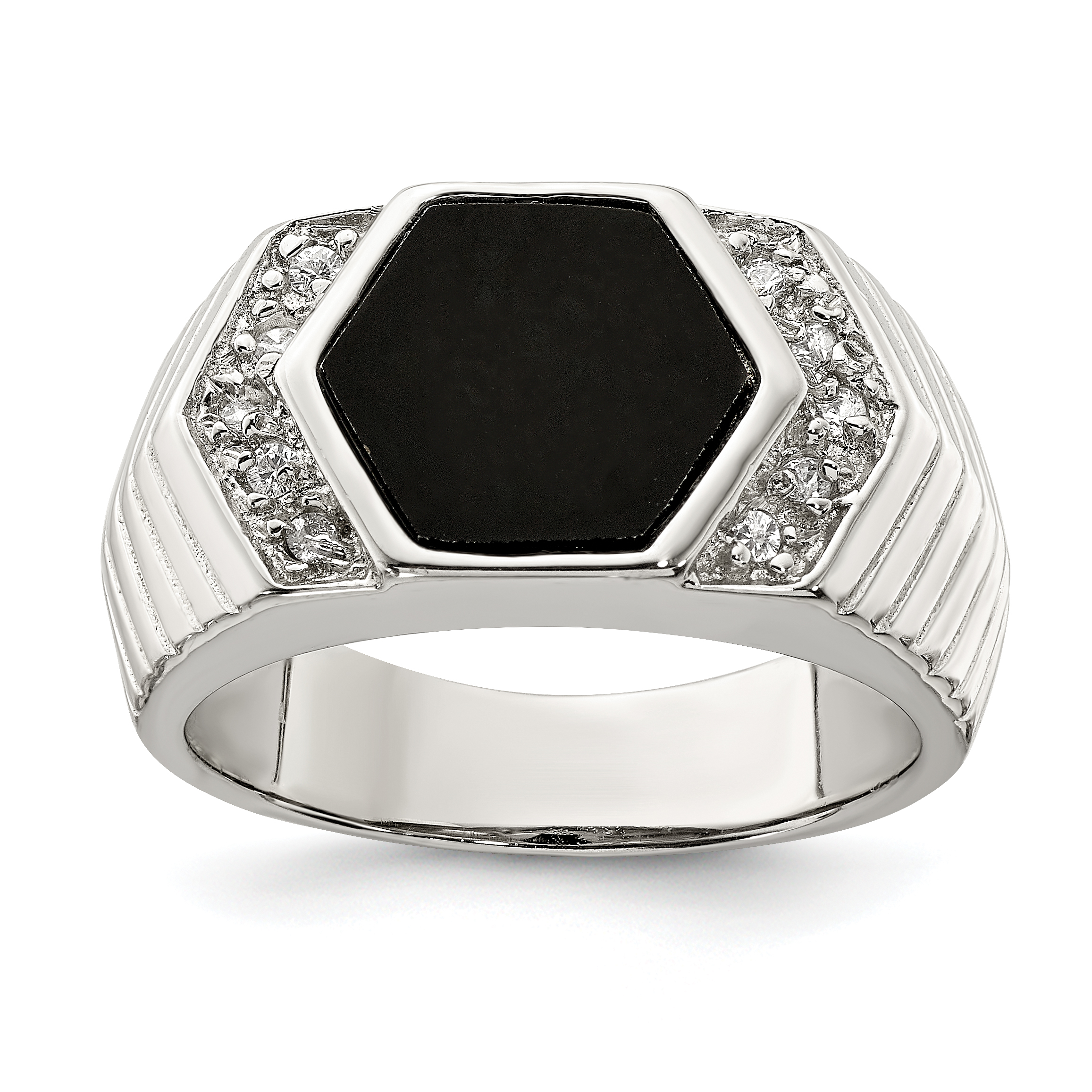 Sterling Silver Rhodium-plated Men's CZ and Onyx Ring (QR1280-10)