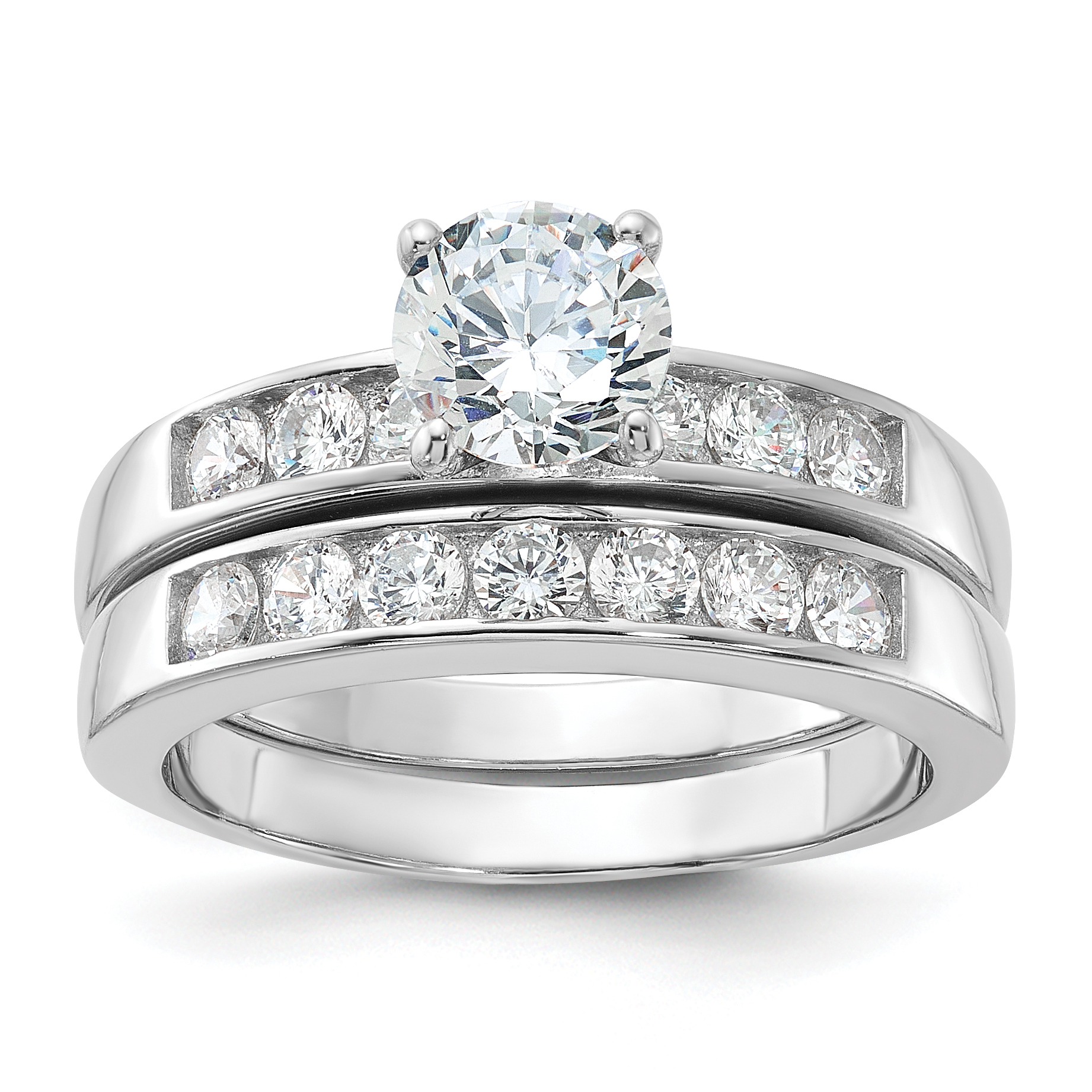 Sterling Silver Rhodium Plated CZ Engagement Ring and CZ Wedding Band Two Piece Set (QR1329-6)