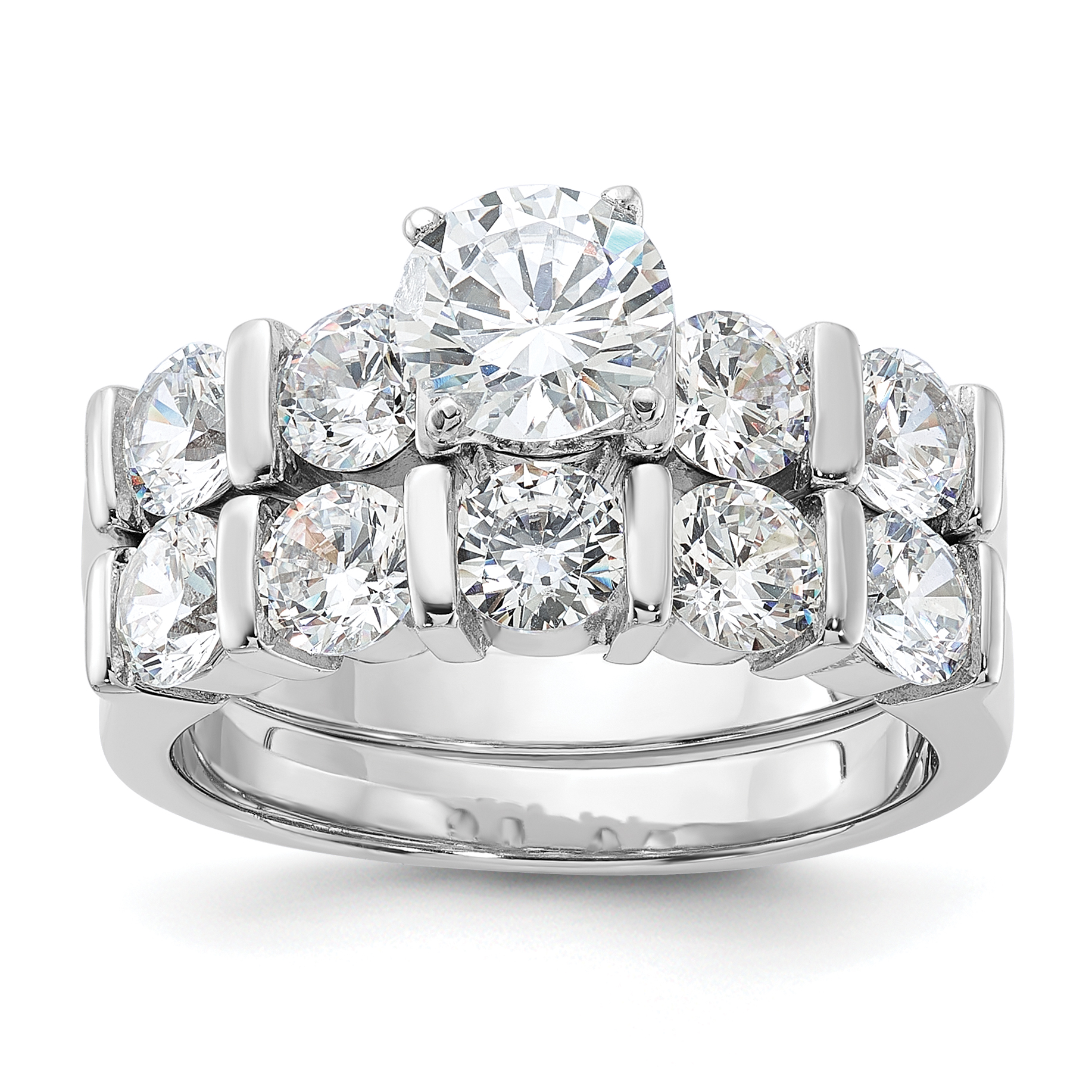 Sterling Silver Rhodium Plated CZ Engagement Ring and CZ Wedding Band Two Piece Set (QR1334-6)