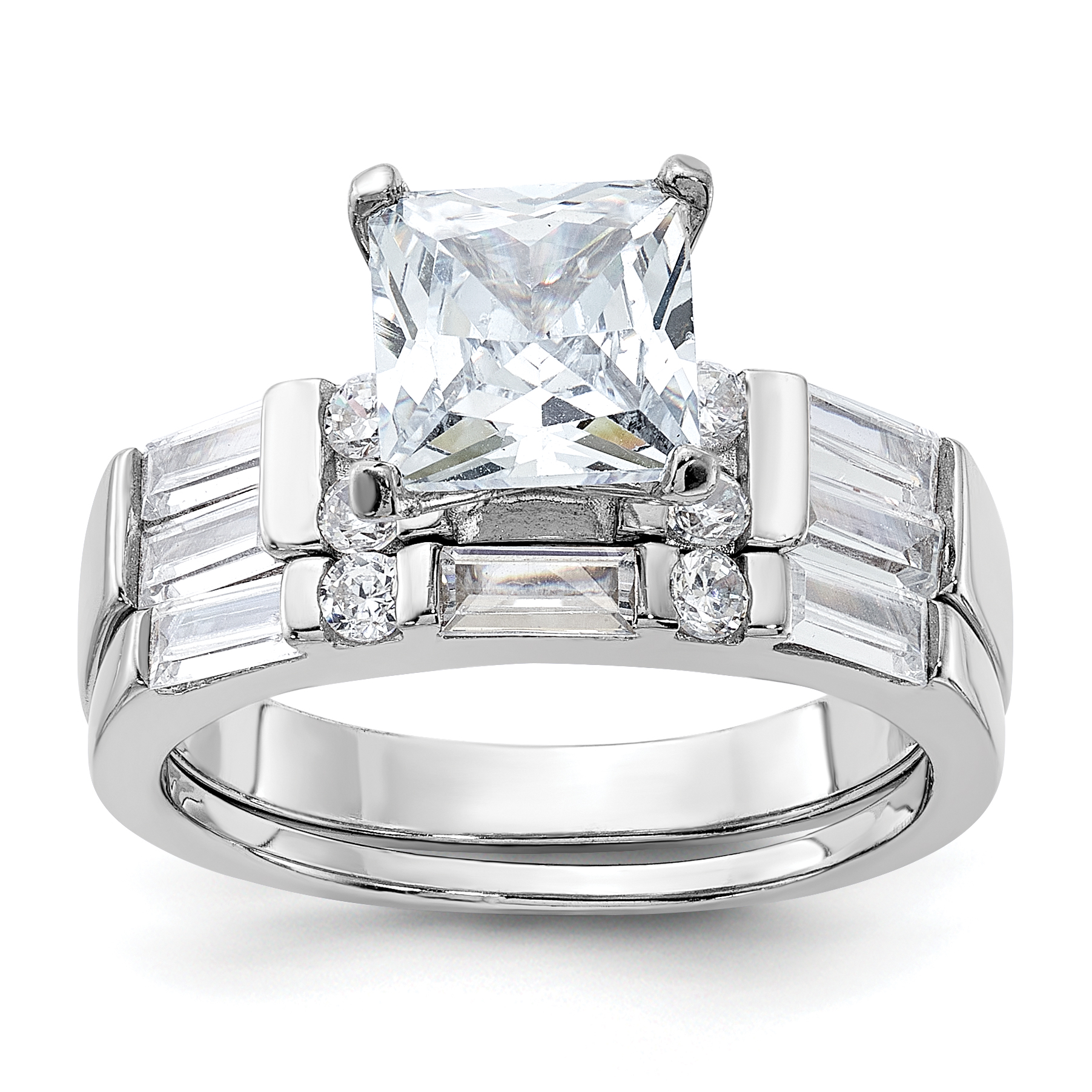 Sterling Silver Rhodium Plated CZ Engagement Ring and CZ Wedding Band Two Piece Set (QR1335-6)