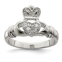 Sterling Silver CZ Rhodium-plated Claddagh Ring view 1