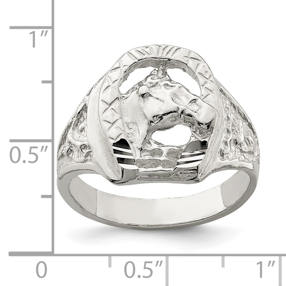 Sterling Silver Horseshoe with Horse Head Ring (QR136-12)