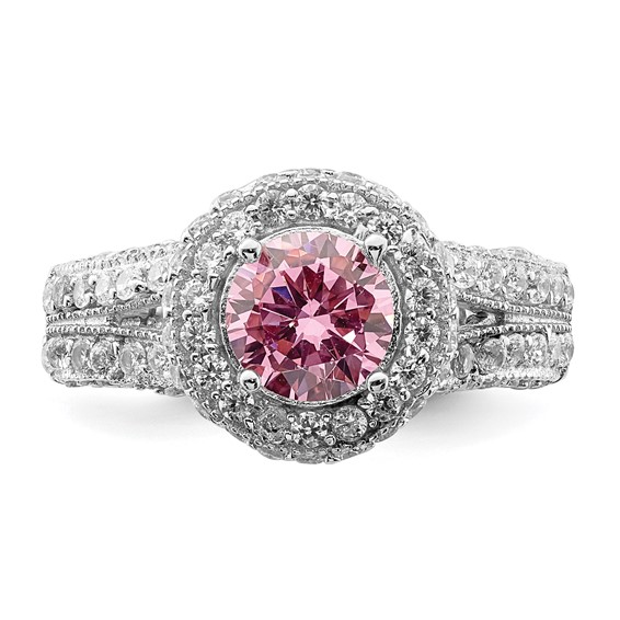 Sterling Silver Rhodium plated 10mm Clear CZ and Pink Heart CZ Ring