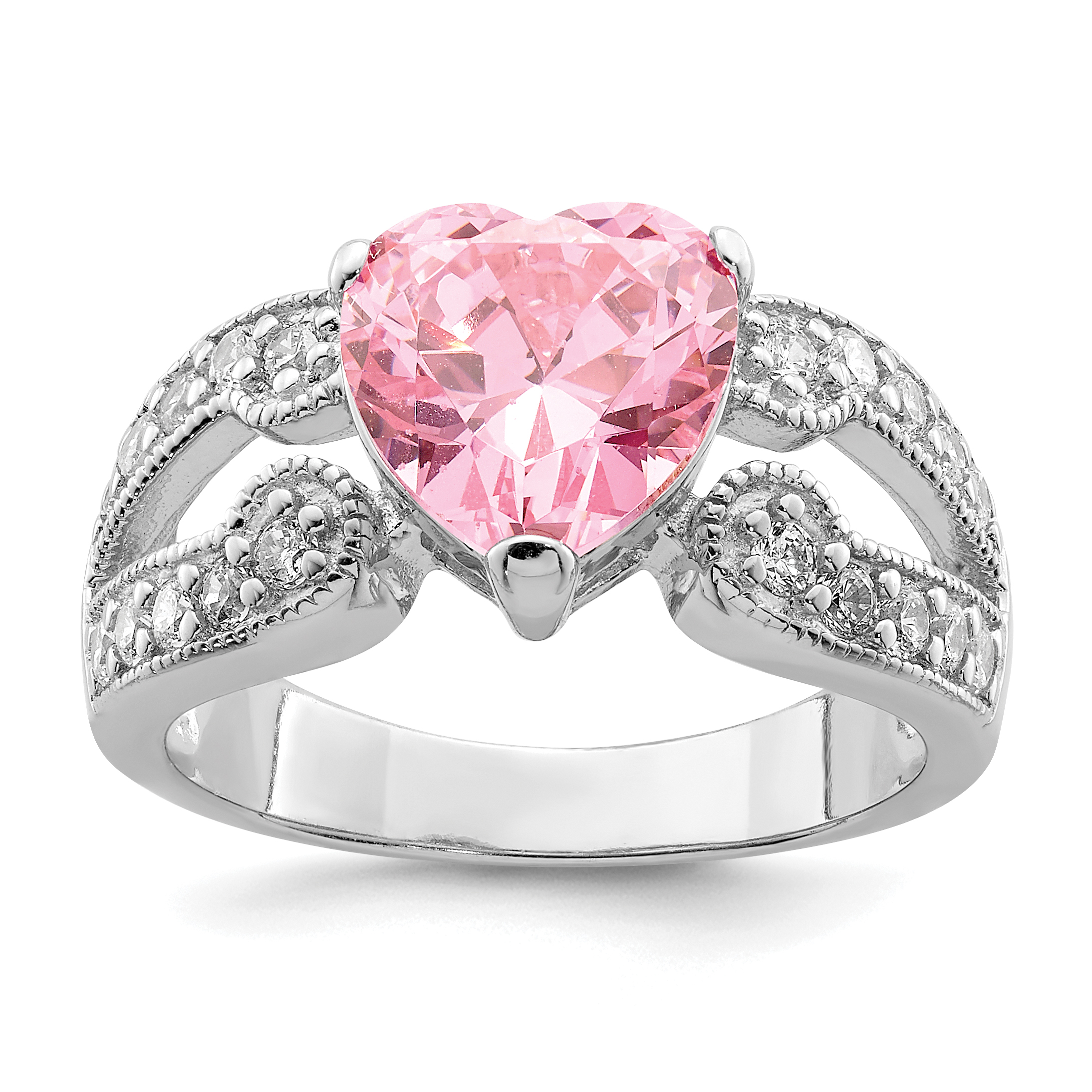 Sterling Silver Rhodium plated 10mm Clear CZ and Pink Heart CZ Ring (QR1394-7)