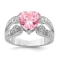 Sterling Silver Rhodium Plated 10mm Clear CZ and Pink Heart CZ Ring view 1