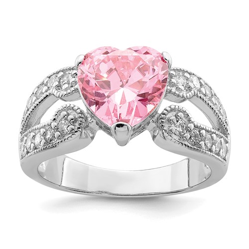 Sterling Silver Rhodium Plated 10mm Clear CZ and Pink Heart CZ Ring