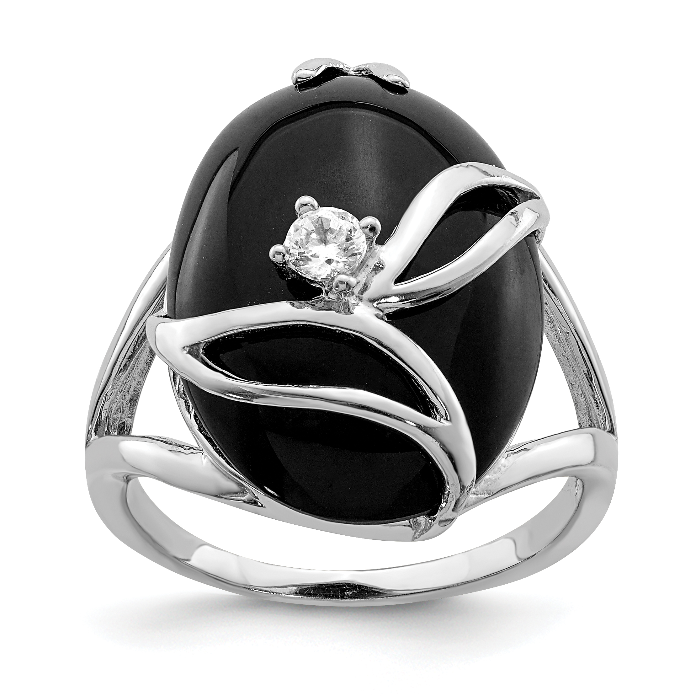 Sterling Silver Rhodium-plated Onyx and CZ Ring (QR1470-6)
