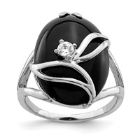 Sterling Silver Rhodium-plated Onyx and CZ Ring view 1