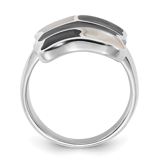 Sterling Silver Polished Mother of Pearl & Black Enamel Ring