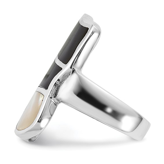 Sterling Silver Polished Mother of Pearl & Black Enamel Ring