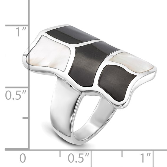 Sterling Silver Polished Mother of Pearl & Black Enamel Ring