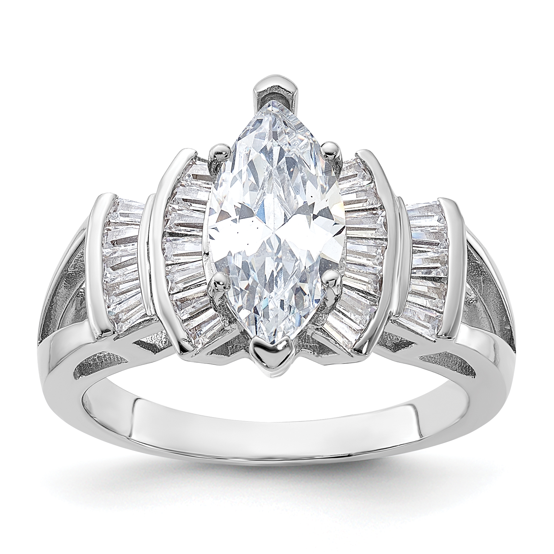 Sterling Silver Rhodium-plated Marquise Shape Center CZ Ring (QR2021-6)