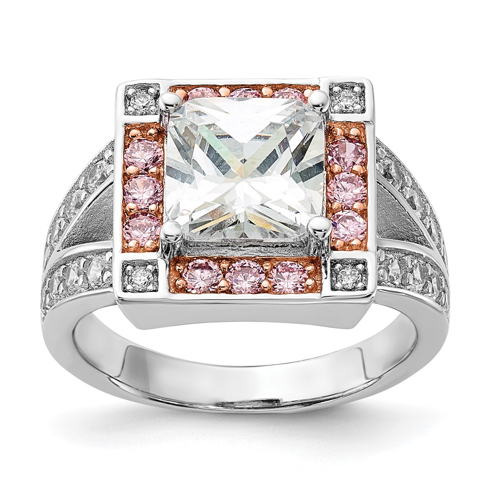 Sterling Silver Ring with Rose-tone Vermeil Polished Square Pink & Clear CZ