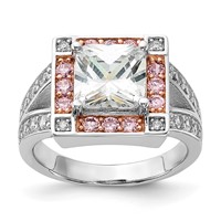 Sterling Silver Ring with Rose-tone Vermeil Polished Square Pink & Clear CZ view 1