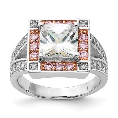 Sterling Silver Ring with Rose-tone Vermeil Polished Square Pink & Clear CZ
