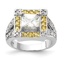 Sterling Silver Polished Yellow & Clear CZ Square Halo Ring view 1