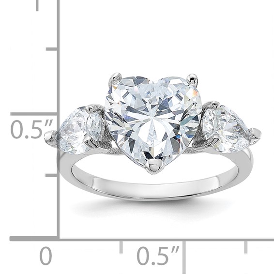 Sterling Silver Rhodium-plated Heart Shape Center CZ 3-Stone Ring