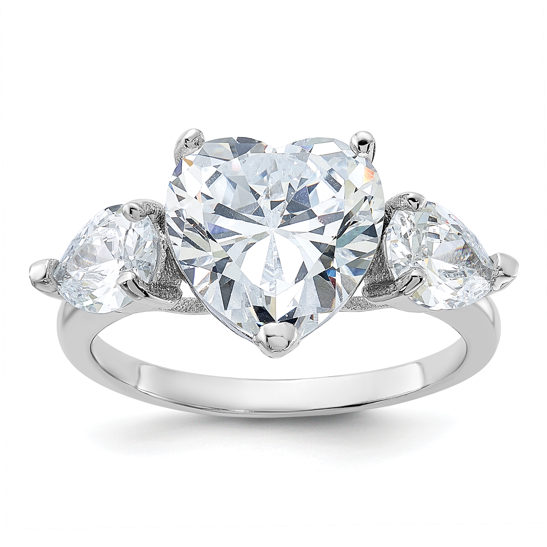 Sterling Silver Rhodium-plated Heart Shape Center CZ 3-Stone Ring (QR2056-6)
