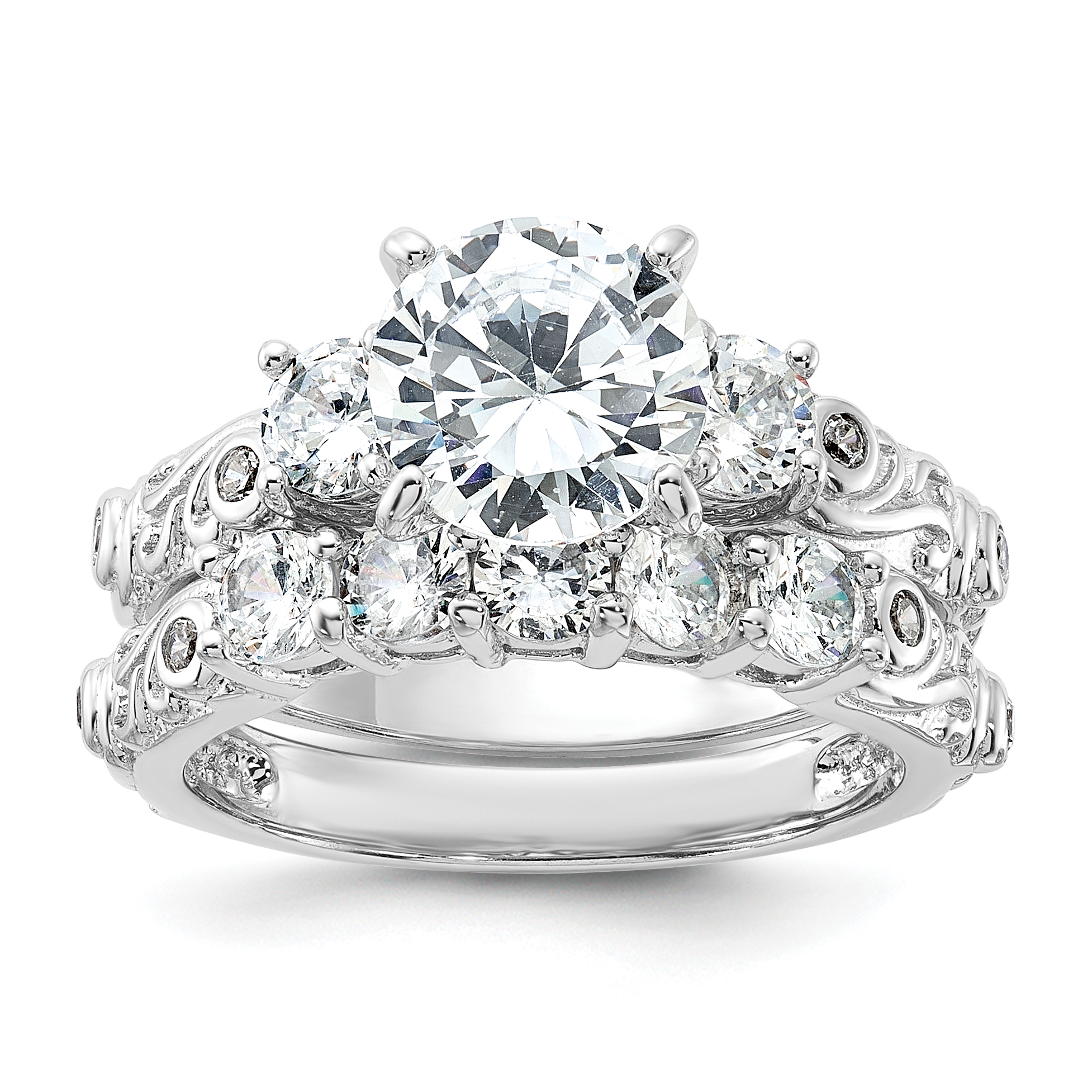 Sterling Silver Rhodium-plated 2-piece CZ Wedding Ring (QR2090-7)