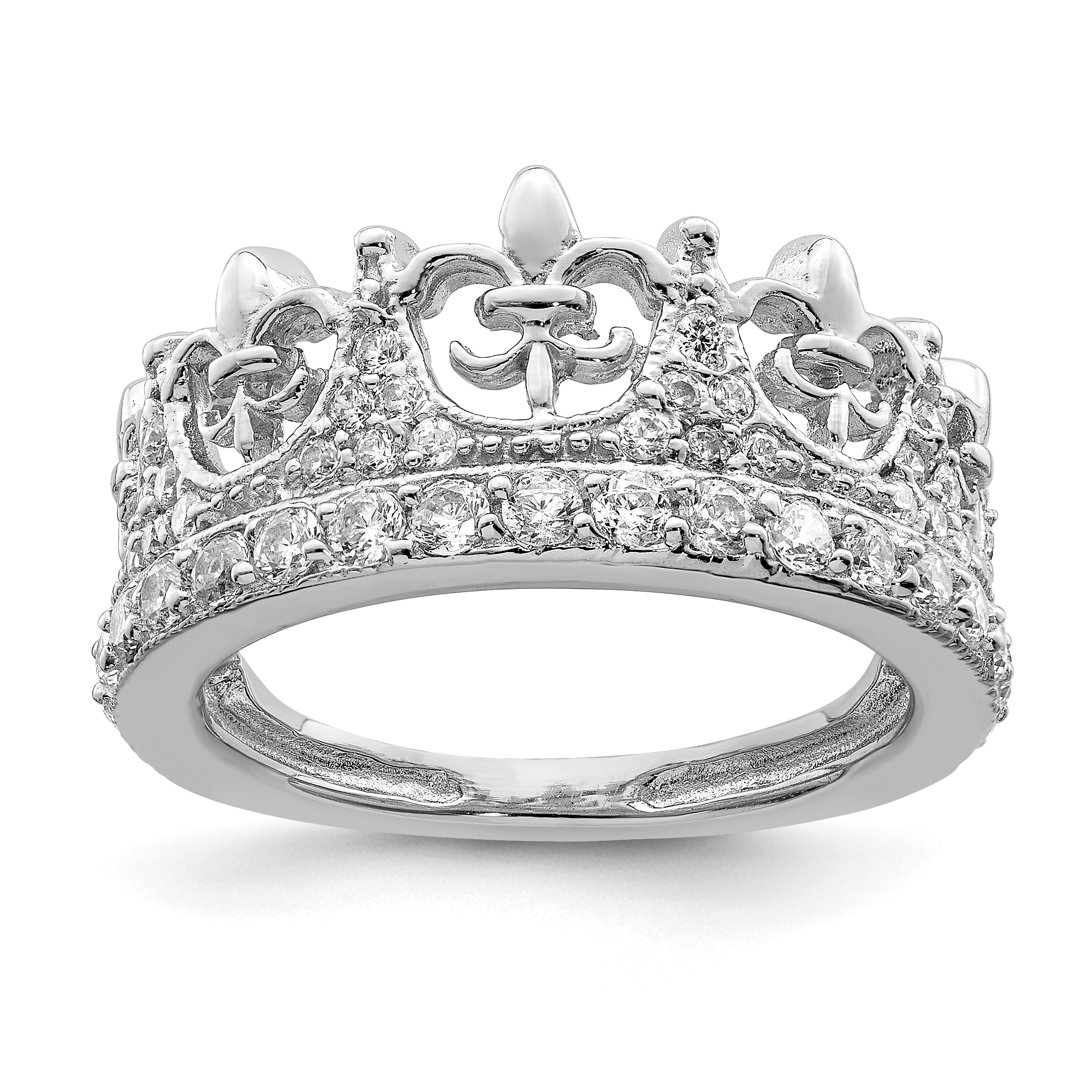 Sterling Silver Rhodium-plated Fleur-de-lis Crown CZ Ring (QR2099-6)