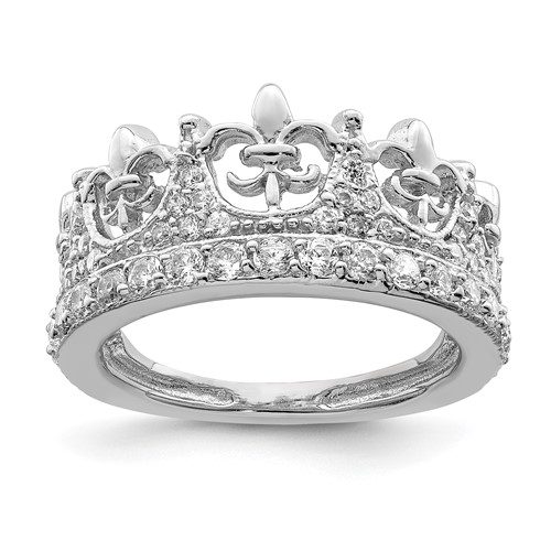 Sterling Silver Rhodium-plated Fleur-de-lis Crown CZ Ring
