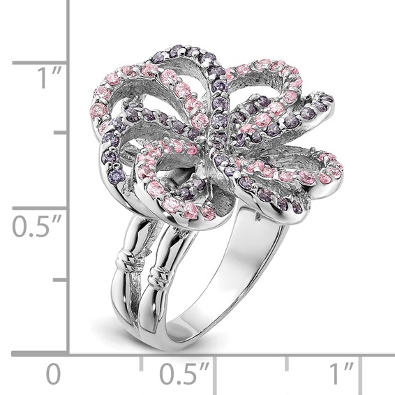 Sterling Silver Polished Pink & Purple CZ Flower Ring