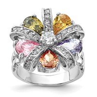 Sterling Silver Polished Multi-color CZ Floral Ring view 1