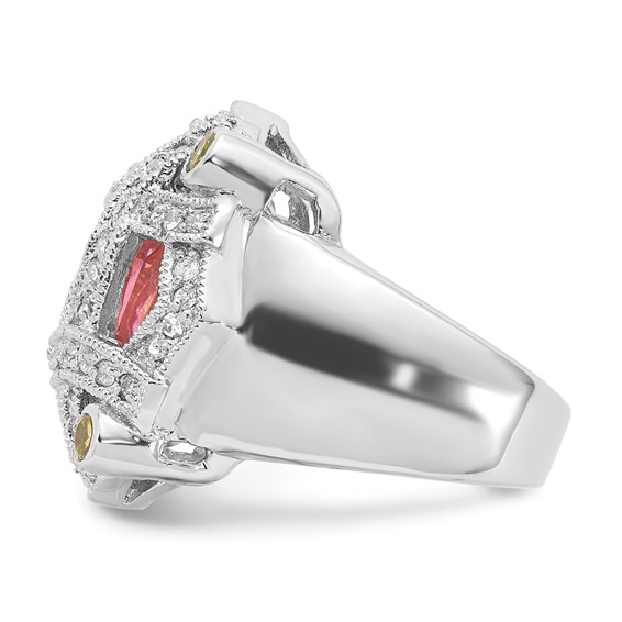 Sterling Silver Pink Glass & CZ Ring