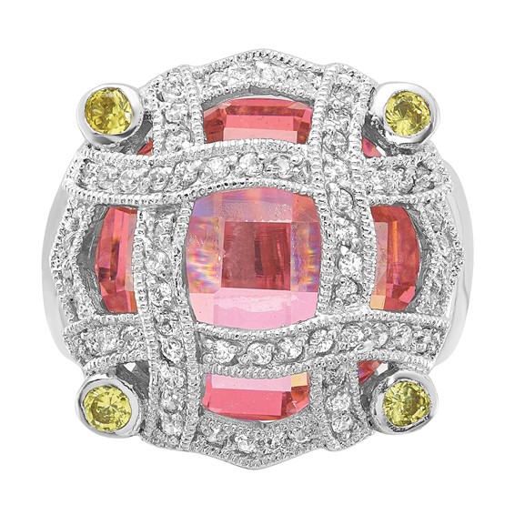 Sterling Silver Pink Glass & CZ Ring